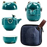 Portable Ceramic Tea Cup Set: Lucky Cat Porcelain Teapot Set with Tea Strainer - Lids and 1 Shockproof Storage Case - Suitable for Travel - Outdoor Picnic - Office Work - Home - Green