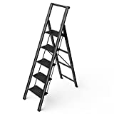 5 Step Ladder, Folding Step Stool, Lightweight Aluminum Foldable Black Ladder with Anti-Slip Wide Sturdy Pedal and Handgrip, Multi-Use for Home, Library, Office, Garage (330 lbs Capacity)
