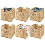 mDesign Natural Woven Hyacinth Closet Storage Organizer Basket Bin - Collapsible - for Cube Furniture Shelving in Closet, Bedroom, Bathroom, Entryway, Office - 6 Pack - Natural
