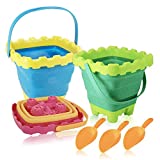 6PCS Collapsible Sand Buckets and Shovels Foldable Beach Buckets with Handle Silicone Sand Buckets Silicone Collapsible Bucket