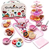 44PCS Tea Set for Little Girls, Princess Tea Time Toys Playset- Teapot Dishes Dessert & Carrying Case, Kitchen Pretend Play Tin Tea Party Set Gifts for Kids Toddlers Toy (Flower Desgin)