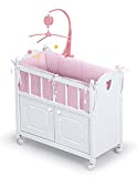 Badger Basket Cabinet Doll Crib with Gingham Bedding, Musical Mobile, Wheels, and Free Personalization Kit (fits American Girl Dolls), White/Gingham (01721)