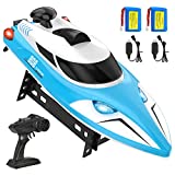 Remote Control Boat, 20 MPH Fast RC Boat for Kids and Adults with 4 Lamps, 4 Channel 2.4GHz Radio Control Speedboat Low Battery Alarm Capsize Recovery with 2 Rechargeable Boat Batteries (Blue)(808)