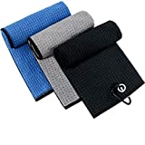 Golf Towels,3 Pack Tri-fold Golf Towel for Golf Bags with Carabiner Clip, Premium Microfiber Waffle Pattern Golf Towel for Men Women (Black/Gray/Blue)