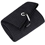 Mile High Life Tri-fold Golf Towel | Premium Microfiber Fabric | Waffle Pattern | Heavy Duty Carabiner Clip (Black )