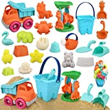 Bloranda 23 Pieces Beach Sand Toys Set with Mesh Bag Includes Sand Truck, Bucket, Animals Castle Building Molds, Sandbox Toys Summer Outdoor Games Beach Toys Gift for Kids Toddlers Boys Girls