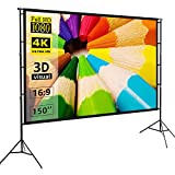 Projector Screen and Stand,Towond 150 inch Indoor Outdoor Projection Screen, Portable 16:9 4K HD Rear Front Movie Screen Pull Down with Carry Bag Wrinkle-Free Design for Home Theater Backyard Cinema