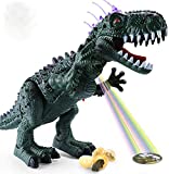 TEMI Electric Walking Dinosaur Toy with Projection, Flashing Horns and Can Lay Eggs, Jurassic Tyrannosaurus Roars, Moves Mouth and Wags Tail, Battery Powered Robotic T Rex Toy for Kids