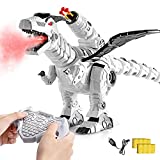 Multifunctional R/C Robotic Dinosaur with Mist Spray and Soft Bullets Shooting, Interactive Electronic Fire Breathing Dragon with Programming, Intelligent Walking T-rex Toy Gift for Kids (White)