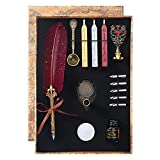 Karhood Quill Pen - Feather Calligraphy Pen and Ink Set - with Seal Stamp, Ink, 5 Replacement Nibs, 3 Wax Seal Sticks, Pen Nib Base, Spoon (Red)