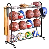 PLKOW Basketball Rack, Rolling Ball Storage with Baseball Bat Holder and Hooks, Sports Equipment Storage with Wheels for Volleyball, Football and Basketball Accessories, Powder Coated Steel (Black)