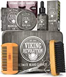 Viking Revolution Beard Care Kit for Men - Ultimate Beard Grooming Kit includes 100% Boar Men’s Beard Brush, Wooden Beard Comb, Beard Balm, Beard Oil, Beard & Mustache Scissors in a Metal Box