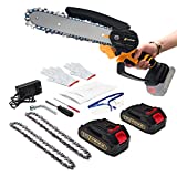 Mini Chainsaw Cordless Small Chainsaw, Upgraded 6 Inch 21V Battery Powered Chainsaw Electric Chainsaw With Security Lock for Trees Branches Trimming Wood Cutting (2Pcs Batteries and 2Pcs Chains)