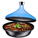 Bruntmor Blue Cast Iron Moroccan Tagine 4-Quart Cooking Pot with Silver knob, Enameled Base and Cone-Shaped Ceramic Lid, Good for Baking and Frying, Oven and Dishwasher safe