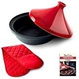 Uno Casa Tagine Pot - 3.65-Quart Moroccan Tajine with Enameled Cast Iron Base and Ceramic Cone-Shaped Lid, High-Quality Cookware- Red Double Oven Mitts Included