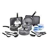 BELLA 21 Piece Cook Bake and Store Set, Kitchen Essentials for First or New Apartment, Assorted Non Stick Cookware, 9 Nylon Hassle-Free Cooking Tools, 5 Glass Storage Bowls w Lids, BPA & PFOA Free