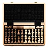 A&A 15 inch Wooden Folding Chess & Checkers Set w/ 3 inch King Height Staunton Chess Pieces - Beech Box w/ Maple & Walnut Inlay