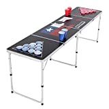 PEXMOR 8 FT Folding Beer Pong Table with Cup Holes & Safety Lock, Portable Beer Game Table Height Adjustable Lightweight with 24 Cups & Ping-Pongs,Upgraded Stability Pong Game Tables (Black)