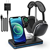 [Updated 2022 Version] 4 in 1 Headphone Stand Headset Holder with Wireless Charger, 2 Type USB C Port, Fast Wireless Charging Station Dock for iWatch, AirPods Pro/2, iPhone 13/12/11 and All Headphone