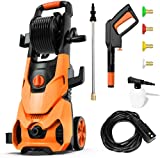 Rock&Rocker Powerful Electric Pressure Washer, 3500PSI Max 1.85 GPM Power Washer with Hose Reel, 4 Quick Connect Nozzles, Soap Tank, IPX5 Car Wash Machine /Car/Driveway/Patio Clean, light orange