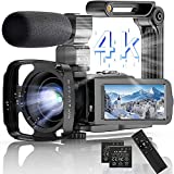 4K Video Camera Camcorder 48.0MP 60FPS Digital Camera Auto Focus Night Vision WiFi Vlogging Camera with External Microphone, Lens Hood, Foldable Handheld Holder, 3” Touch Screen
