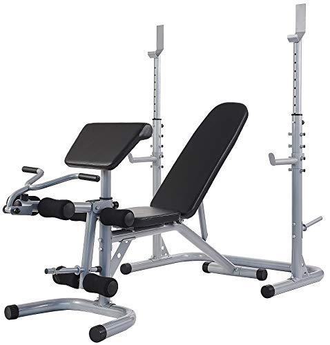 Sporzon Multifunctional Workout Station Adjustable Olympic Workout Bench with Squat Rack, Leg Extension, Preacher Curl, and Weight Storage, 800-Pound Capacity, Gray, Model Number: RS60