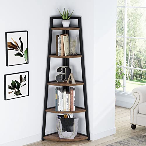 Tribesigns 5 Tier Corner Bookshelf and Bookcase, 70 inch Tall Corner Shelves Rustic Corner Ladder Shelf Indoor Plant Stand for Living Room, Kitchen, Home Office (Brown)