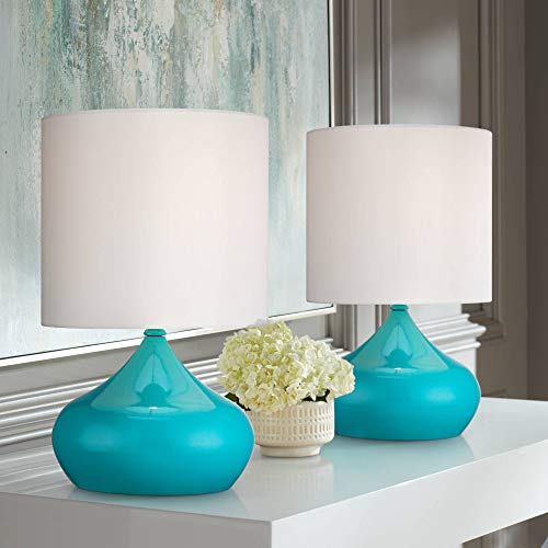 Mid Century Modern Contemporary Style Small Accent Table Lamps 14 3/4' High Set of 2 Teal Blue Steel White Drum Shade Decor for Bedroom House Bedside Nightstand Home Office - 360 Lighting