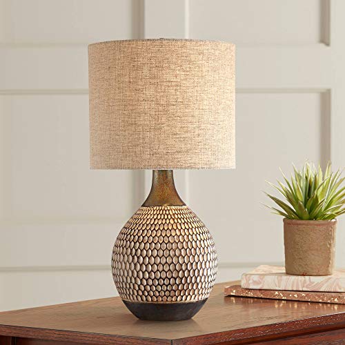 Emma Mid Century Modern Style Accent Table Lamp 21' High Brown Textured Wood Ceramic Oatmeal Fabric Drum Shade Decor for Living Room Bedroom House Bedside Nightstand Home Office - 360 Lighting