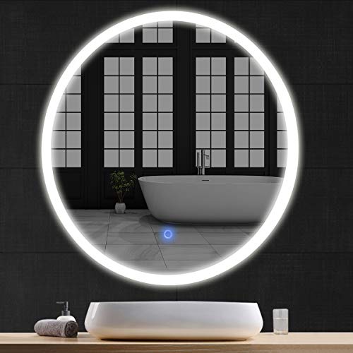 Tangkula 24' LED Mirror, Round Wall Mount Lighted Mirror, Makeup Vanity Mirror with Touch Button