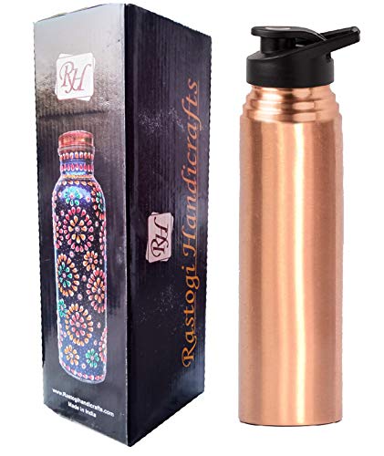 Rastogi Handicrafts Pure copper water bottle 1000 ml capacity joint less plain bottle Plastic Lid Bottle