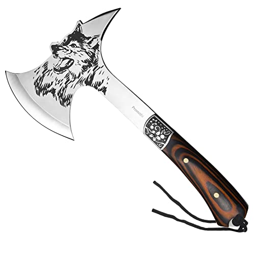 Promithi Camping Hatchet with Nylon Sheath, Axe Etched Wolf Head Stainless Steel with Wooden Grip, Outdoor Hunting Survival Hiking Tomahawk Axe, for Farming Activities