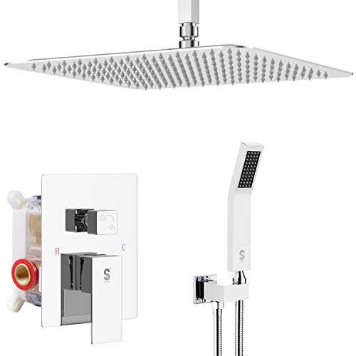 SR SUN RISE 16 Inches Polished Chrome Shower Faucet System Bathroom Luxury Rain Mixer Shower Faucet Set Ceiling Mounted Rainfall Shower Head Set (Contain Shower Faucet Rough-In Valve Body and Trim)