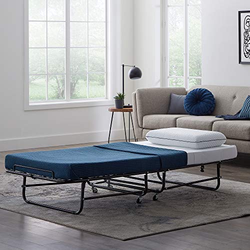 LUCID Rollaway Folding Guest Bed with 4 Inch Memory Foam Mattress - Rolling Cot - Easy Storage - Cot