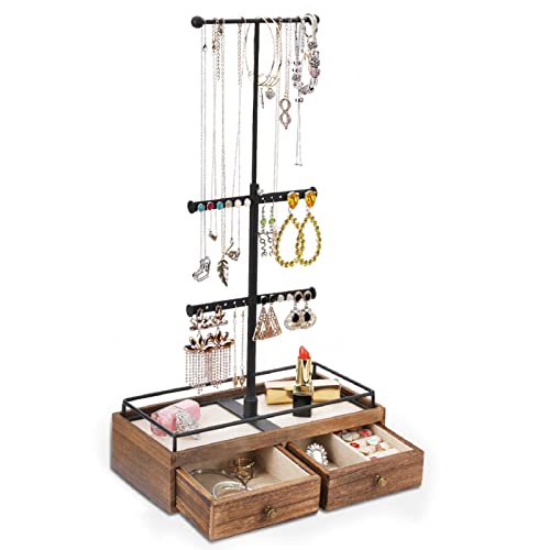 Keebofly Jewelry Organizer Box with Metal Jewelry Tree Stand & Rustic Wood Basic Drawer Storage Box with Top Jewelry Tray - 3 Tier Jewelry Stand Organizer Box for Necklaces Bracelet Earrings Ring Carbonized Black