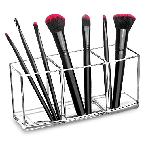 HBlife Clear Acrylic Makeup Brush Holders, 3-Compartment Vanity Organizer Stand and Desk Storage for Lipstick Eyeshadow Pen, Skincare Cosmetic Display Cases for Bathroom