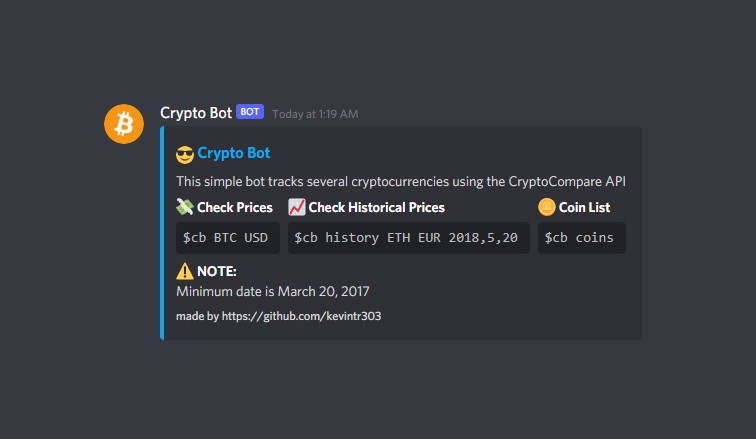 A simple Discord Bot that uses the free CryptoCompare API to display