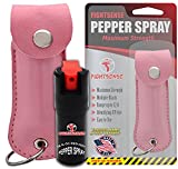 FIGHTSENSE Self Defense Pepper Spray - 1/2 oz Compact Size Maximum Strength Police Grade Formula Best Self Defense Tool for Women W/Leather Pouch Keychain (Pink)