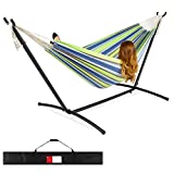 Best Choice Products 2-Person Double Hammock with Stand Set, Indoor Outdoor Brazilian-Style Cotton Bed for Backyard, Camping, Patio w/ Carrying Bag, Steel Stand, 450lb Weight Capacity - Blue/Green Stripes