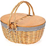 Wicker Picnic Basket with Liner, Wooden Split Lid Picnic Basket, Vintage-Style Picnic Hamper with Folding Woven Handle for Picnic, Camping, Outdoor, Valentine Day, Thanks Giving, Birthday (Grey)