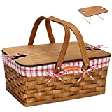 Woodchip Picnic Basket with Portable Wine Table, Woven Basket with 2 Swing Handles & Removable Lining, Empty Large Basket for Picnic, Outdoor, Camping, Family, Party, Wedding Gifts for Couple. RED