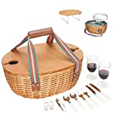 STBoo Wicker Picnic Basket for 2 with Large Insulated Cooler Compartment and Folding Table, Cutlery Service Kits, Willow Hamper Set with Canvas Handles for Camping, Outdoor, Christmas, Party(Blue)