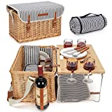 Wicker Picnic Basket for 4, 4 Person Picnic Kit, Willow Hamper Service Gift Set with Blanket Portable Bamboo Wine Snack Table for Camping and Outdoor Party