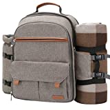 Sunflora Picnic Backpack for 4 Person with Blanket Picnic Basket Set for 2 with Insulated Cooler Wine Pouch for Family Couples (Brush Beige)