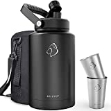 BUZIO One Gallon Water Bottle Insulated, 128oz Stainless Steel Water Bottle, 18/8 Food-Grade Beer Growler with Carrying Pouch and Two Stainless Steel Cups, Hot Cold Thermo Canteen Mug, Black