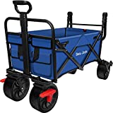 BEAU JARDIN Folding Beach Wagon Cart with Brake Free Standing Collapsible Utility Camping Grocery Canvas Fabric Portable Rolling Buggies Outdoor Garden Sport Heavy Duty Shopping Push Blue BG237