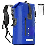 HEETA Waterproof Backpack, 35L Waterproof Dry Bag with Roll-Top Closure, Front Zippered Pocket, and Soft Cushioned Back-Padded, with IPX8 Phone Case for Kayaking Boating Rafting Fishing Beach, Blue