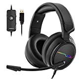 Jeecoo Xiberia USB Pro Gaming Headset for PC- 7.1 Surround Sound Headphones with Noise Cancelling Microphone- Memory Foam Ear Pads RGB Lights for Laptops