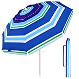 Beach Sand Umbrella Portable Outdoor: 6.5 ft Large Striped Heavy Duty Wind Proof UV 50+ Parasol with Anchor Adjustable Tilt Pole 8 Ribs Carry Bag Lightweight
