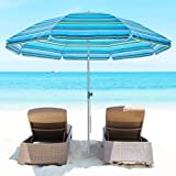 BLUU 7FT Beach Umbrella, SPF60+ Sun Protection Portable Sunshade Umbrella with Sand Anchor, Tilt, Carry Bag, for Sand Outdoor Beach Trip (Stripe Blue and Green)